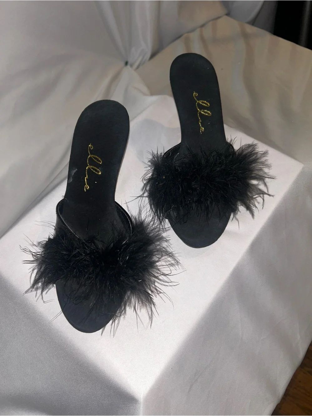Ellie Black Feather Slide Heels with Marabou Trim